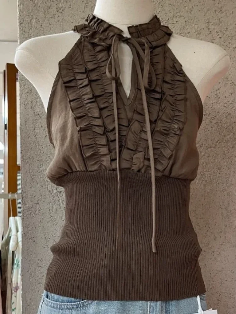 

Summer French hot girl trendy coffee colored vest Japanese Y2K Harajuku style sexy pleated neck hanging women's top