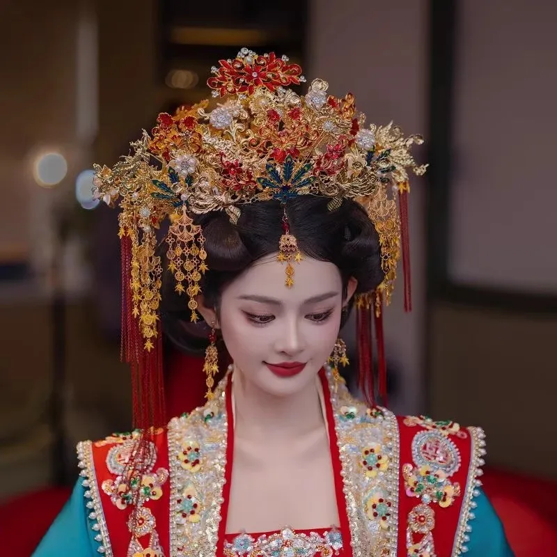 Golden Red Phoenix Crown Pendant for Hanfu High-End Luxurious Wedding Xiuhe Hair Access Chinese Traditional Festive Accessories