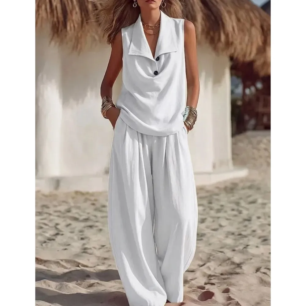 Sleeveless Shirt & Wide-leg Pants 2-piece Set