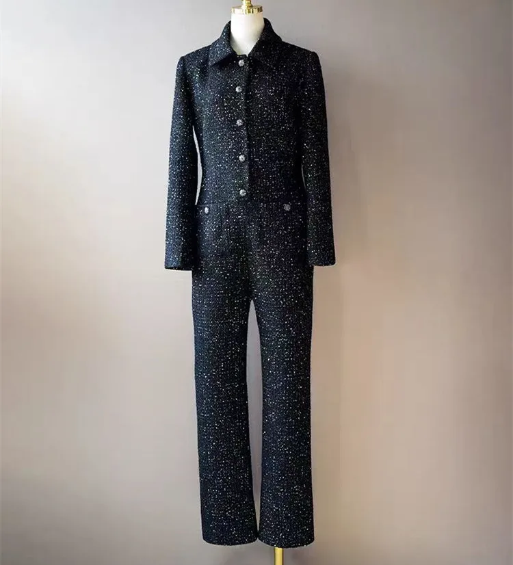 Customized European-style women's clothing 2025 Winter new style Long-sleeved fashionable tweed jumpsuit dress