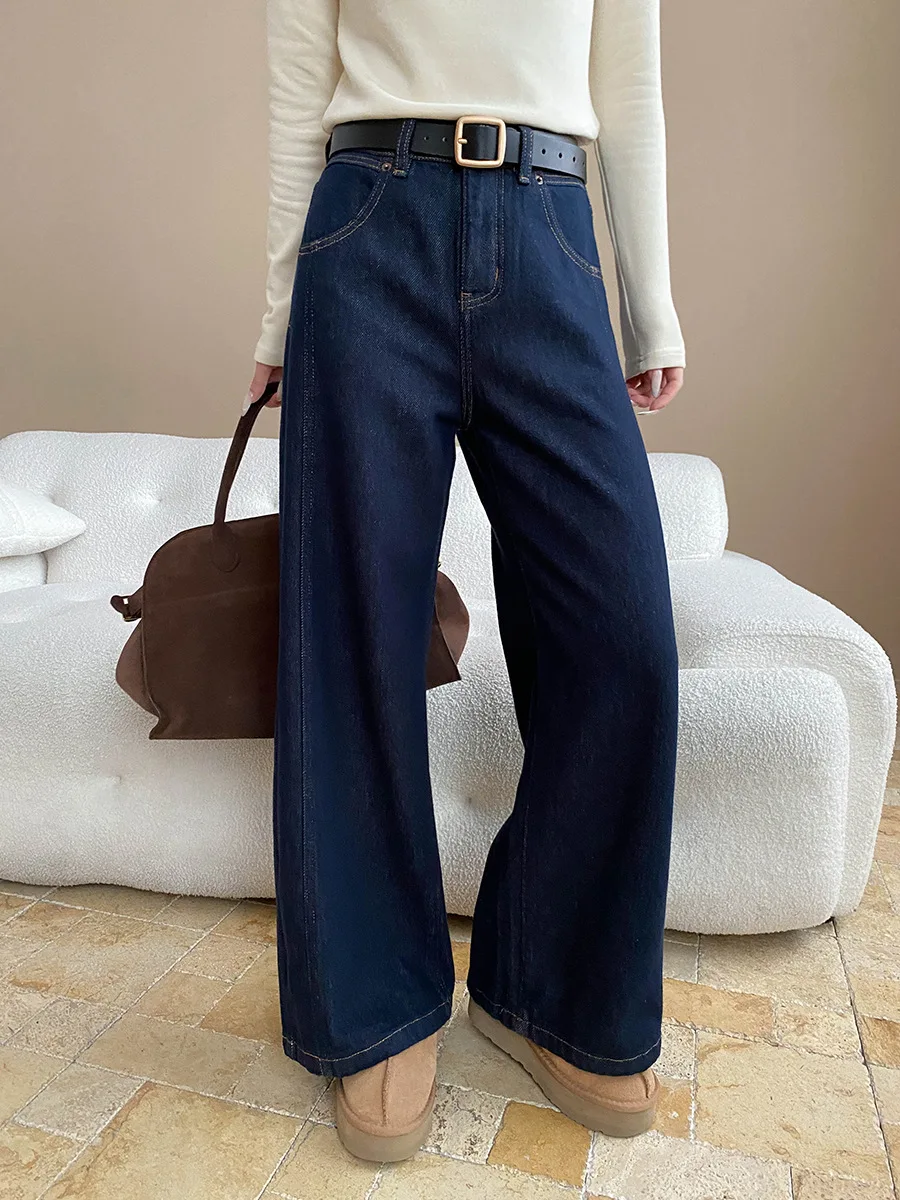 レディースデニムジーンズ 無地ジッパーフライポケットボタン エンパイアウエスト フルレングス ワイドレッグパンツ ルーズカジュアル 2025秋冬