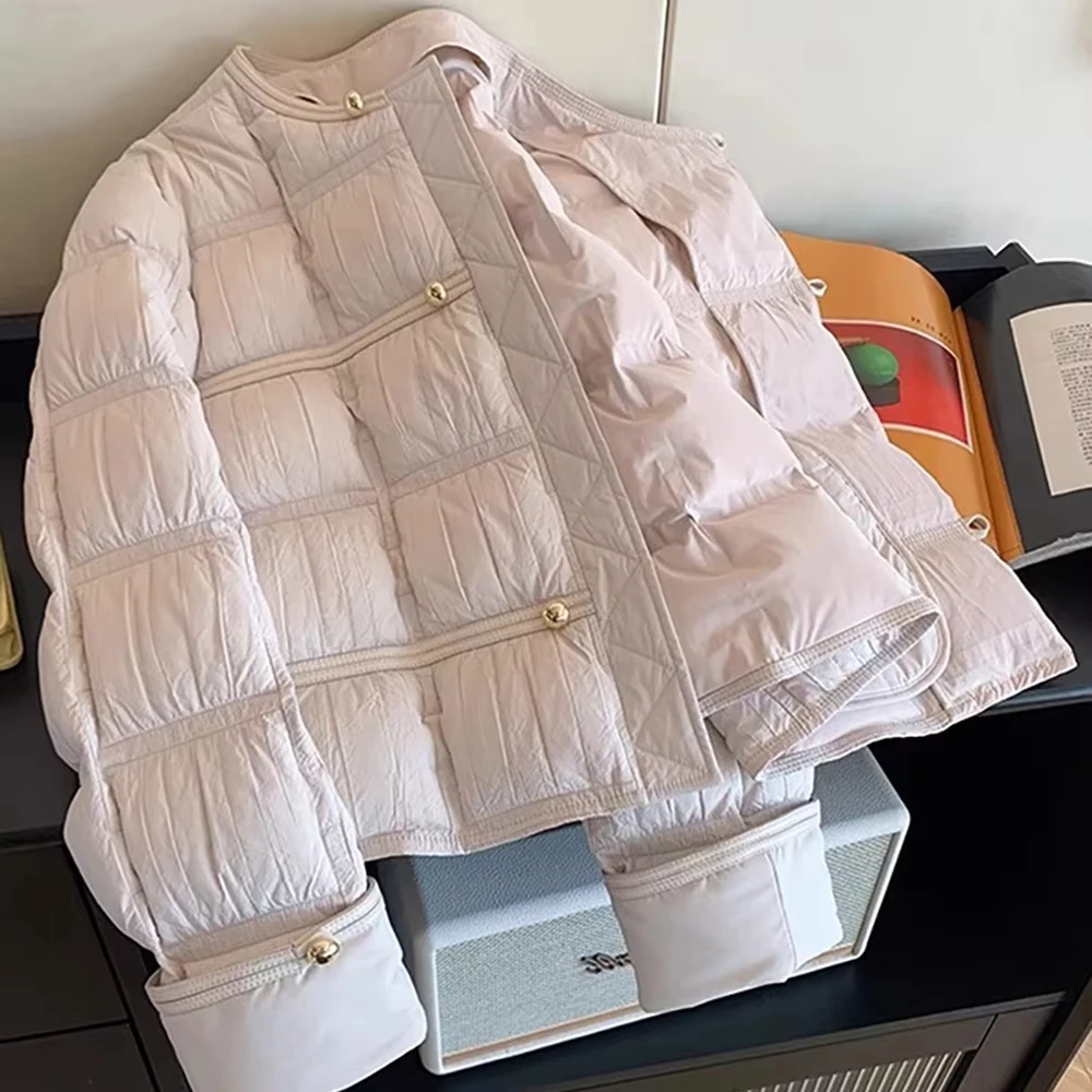 

Легкие пуховые хлопковые куртки с однотонным узором, женские зимние повседневные универсальные хлопковые пальто с круглым вырезом, теплая верхняя одежда