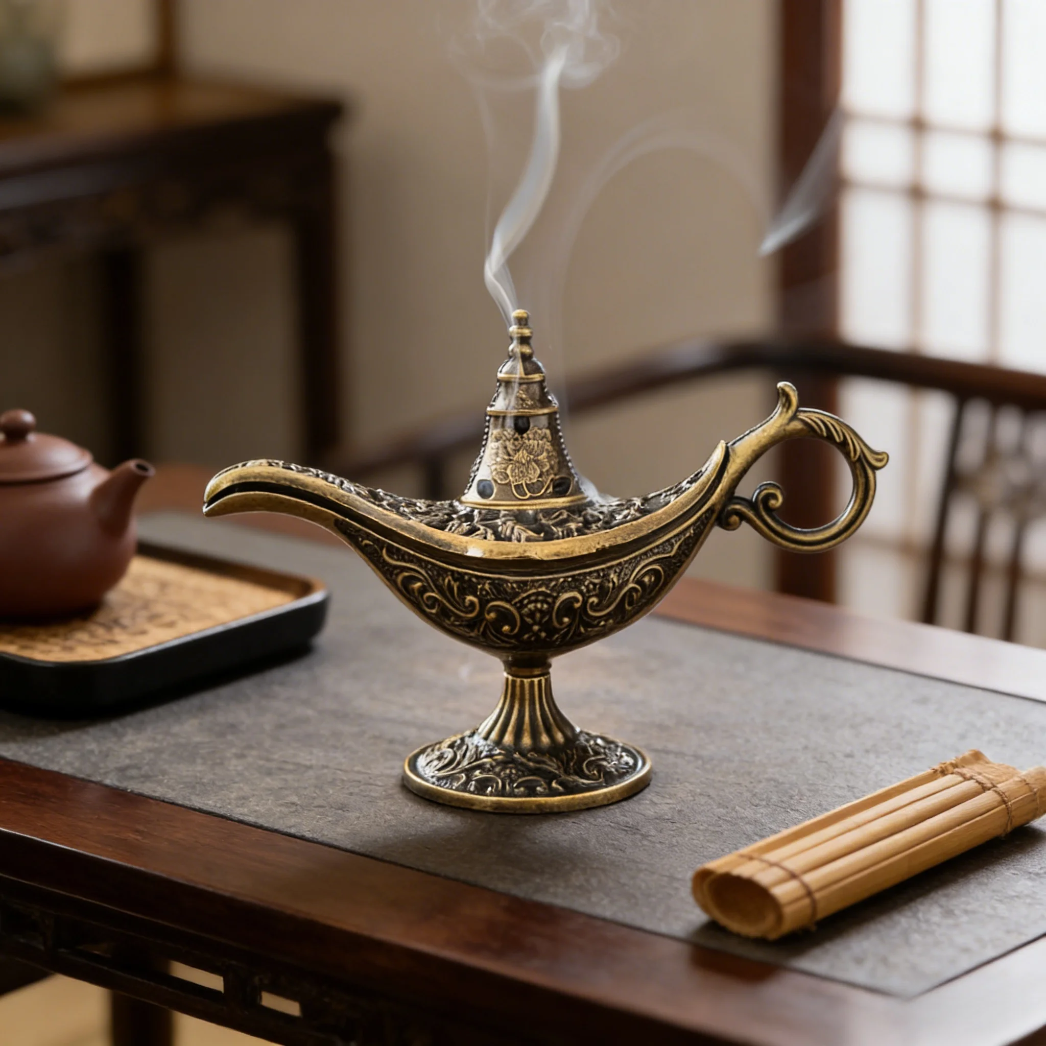 Quemador de incienso con lámpara Aladdin Genie hecho de material de aleación, ideal para decoración de ceremonia de té y uso de incienso