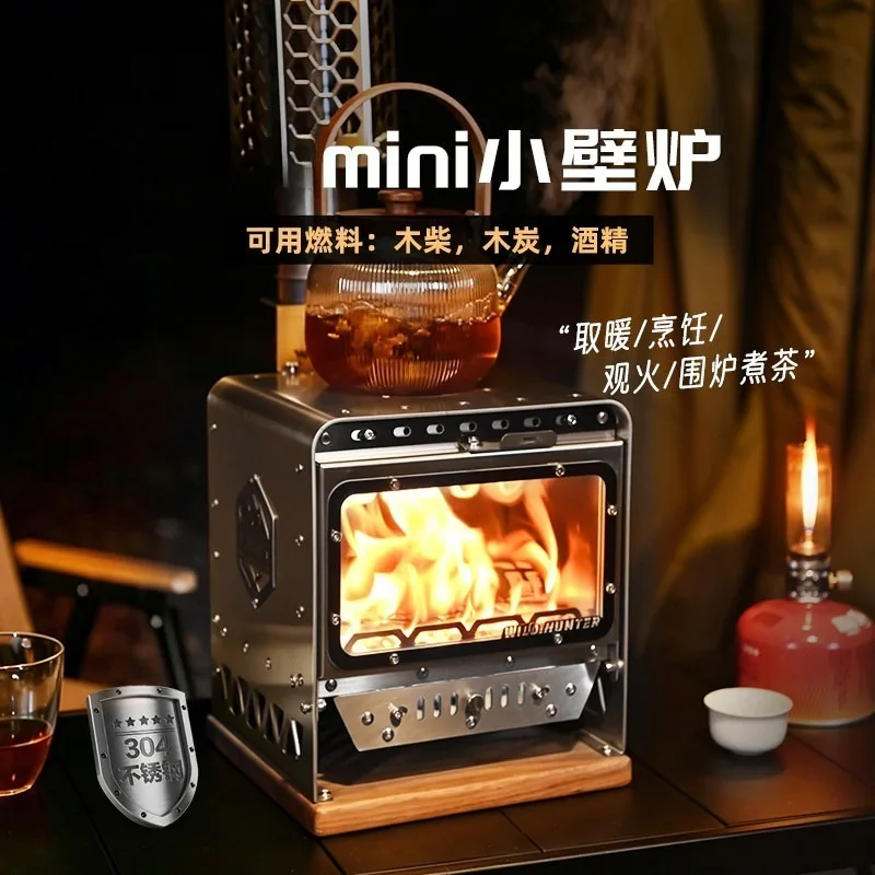 Portable Tabletop Wood Stove Mini Visible Flame Fireplace Camping Tea Heating Stove For Indoor Outdoor Use
