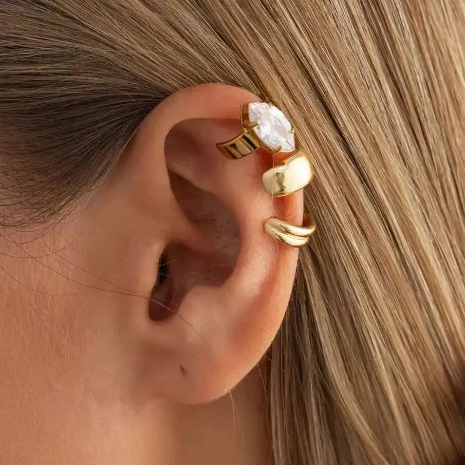 SHIXIN 3Pcs Exquisite White Glass Drill U-shaped Non Piercing Ear Clips Women Classic Gold Color Earrings Daily Banquet Jewelry