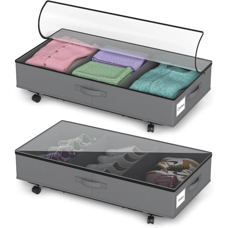 Bed Storage with Wheels - 2Pack Under Bed Storage Containers with Clear Lid and Handles, The Underbed Storage Bins Perfect