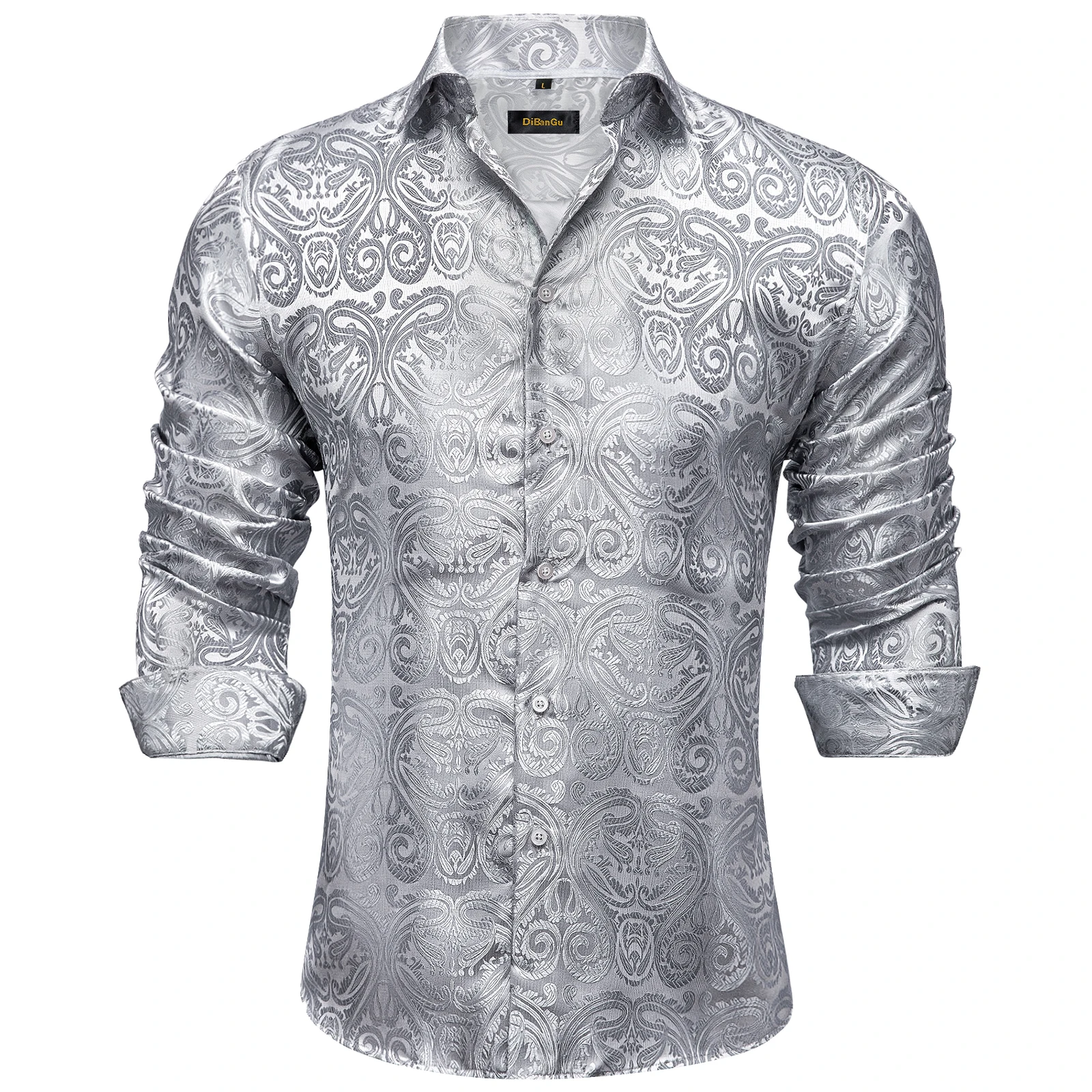 Men\'s Long Sleeve Shirts Silk Polyester Paisley Blue Silver Red Wedding Party Men Clothing Social Porm Dress Shirt & Blouse