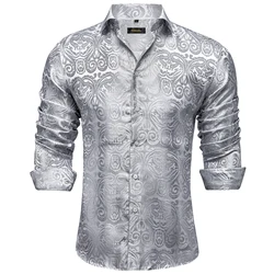 Men's Long Sleeve Shirts Silk Polyester Paisley Blue Silver Red Wedding Party Men Clothing Social Porm Dress Shirt & Blouse