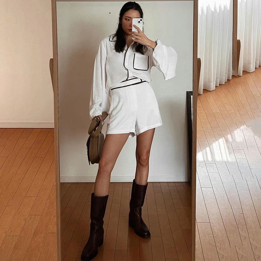 

Linad Summer White Casual Elastic Waist Shorts Sets Office Button Up Blouse With Pockets Shorts 2 Piece Sets Street Outfits 2025