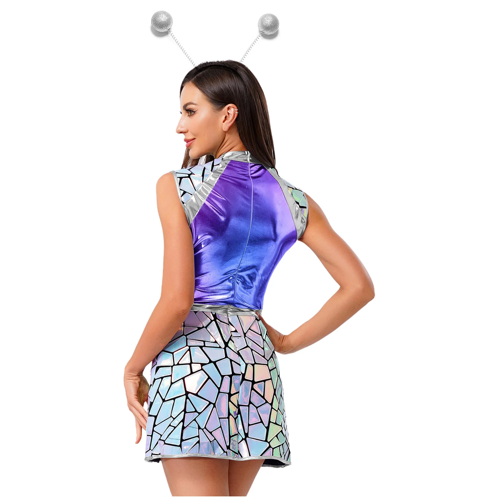 Womens Halloween Alien Astronaut Dress-up Dress Gradient Sequin Metallic Fly Sleeve A-line Mini Dress for Space Themed Party