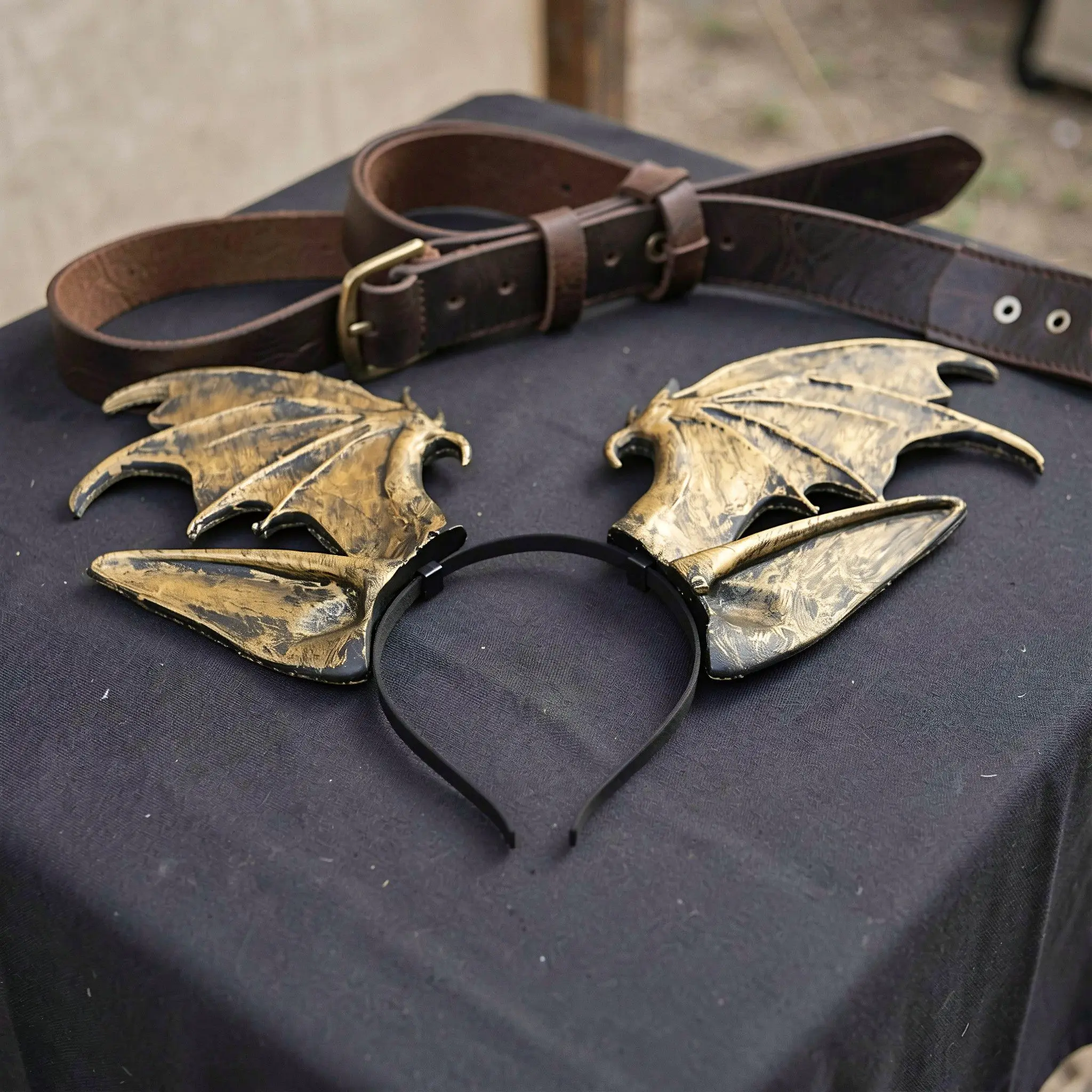 Distressed Gold Dragon Horn Headband Dragon Wing Headpiece Devil Hair Clips, Halloween Cosplay Costume Accessories for Supplies