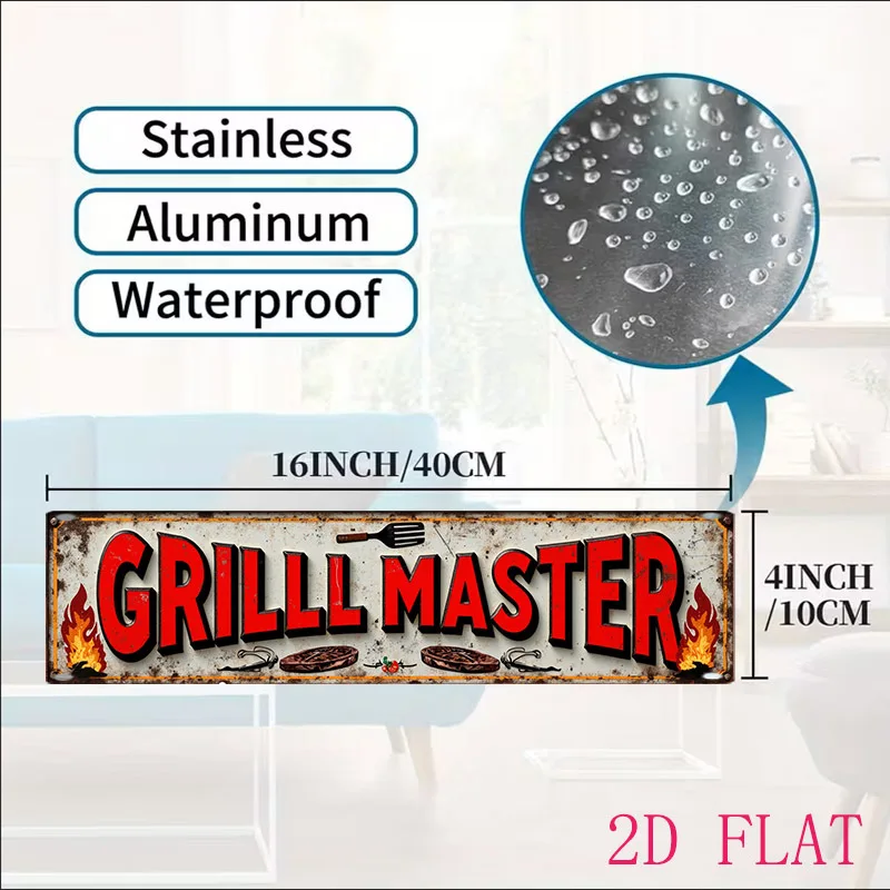 Funny 2D Aluminum BBQ Master Quote Metal Sign, 4x16 Inch Vintage Plaque, Outdoor Patio Backyard Party Wall Art Decoration Gif
