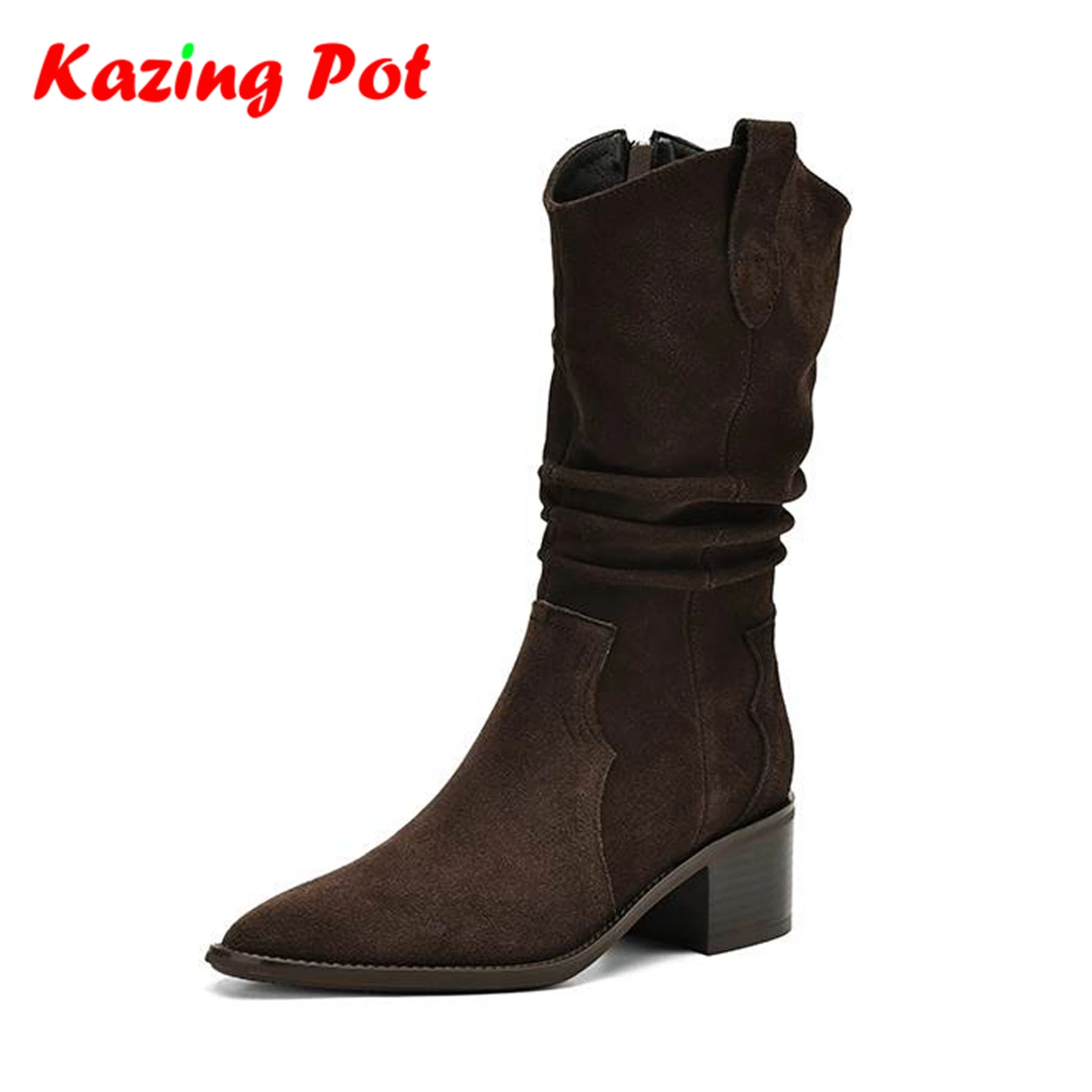 

Krazing Pot 2026 Cow Suede Nubuck Chunky Heels Modern Motorcycle Boots Casual Winter Autumn Concise Vintage Women Mid-calf Boots