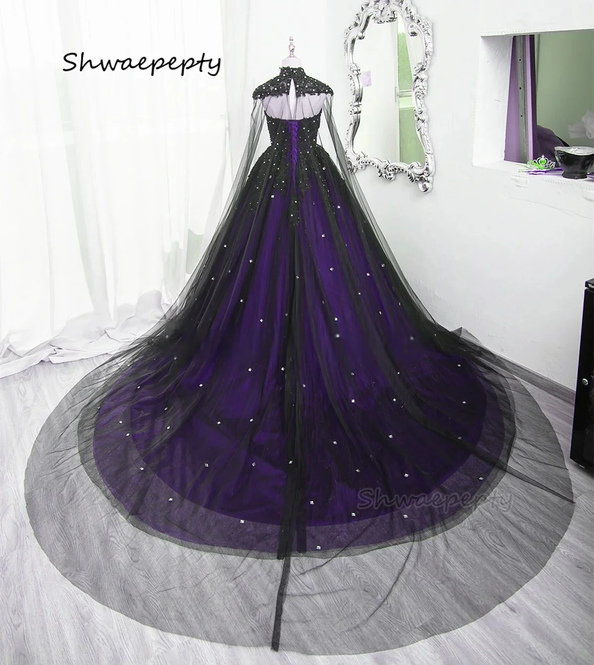 Gothic Wedding Dress With Wrap Black And Purple Vintage Bridal Gowns Lace Appliques Beaded High Neck Vestido De Novia 2025