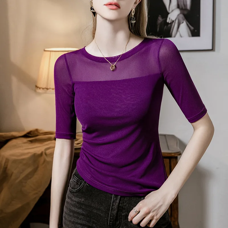 #4495 Summer Black Purple Mesh Irregular T Shirt Women Half Sleeve Sexy See Through Round Neck Sexy Skinny Tee Folds Split Joint