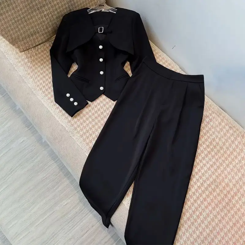 

Two Piece Sets Women Outifits 2023 Fall Office Lady Pants Korean Blazer Suits Long Sleeve Fashion Coat Black High Waisted Pants