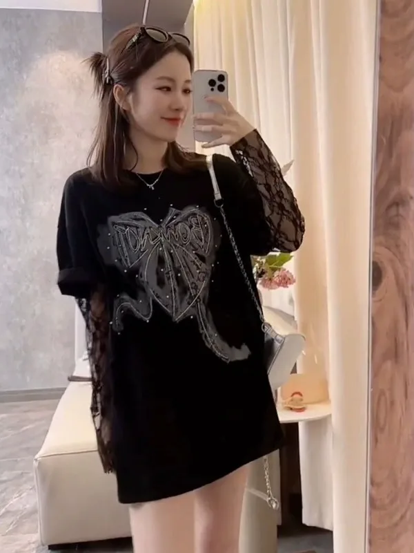 

plus Size Women's T-Shirt Lace Long Sleeve Printed Letter Casual Summer High Waist Loose Fit Breathable Comfortable Mid-Length