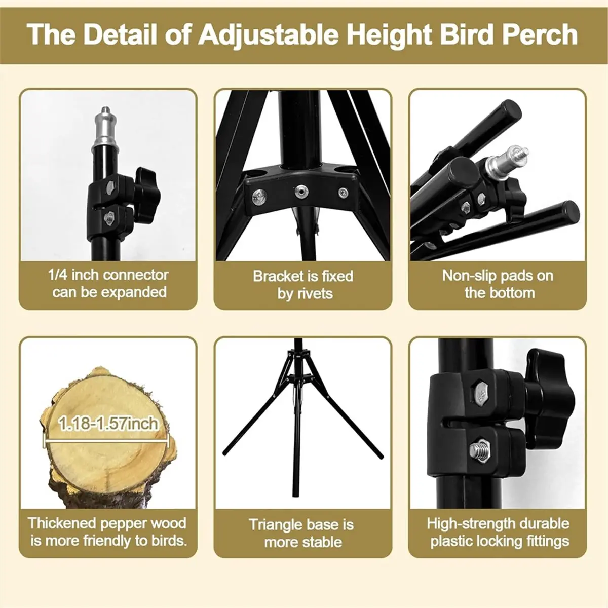 

AT16 Height Adjustable Bird Perch Pepper Wood Bird Training Perch Stand Parakeet Perches Indoor and Outdoor Parrot Stands
