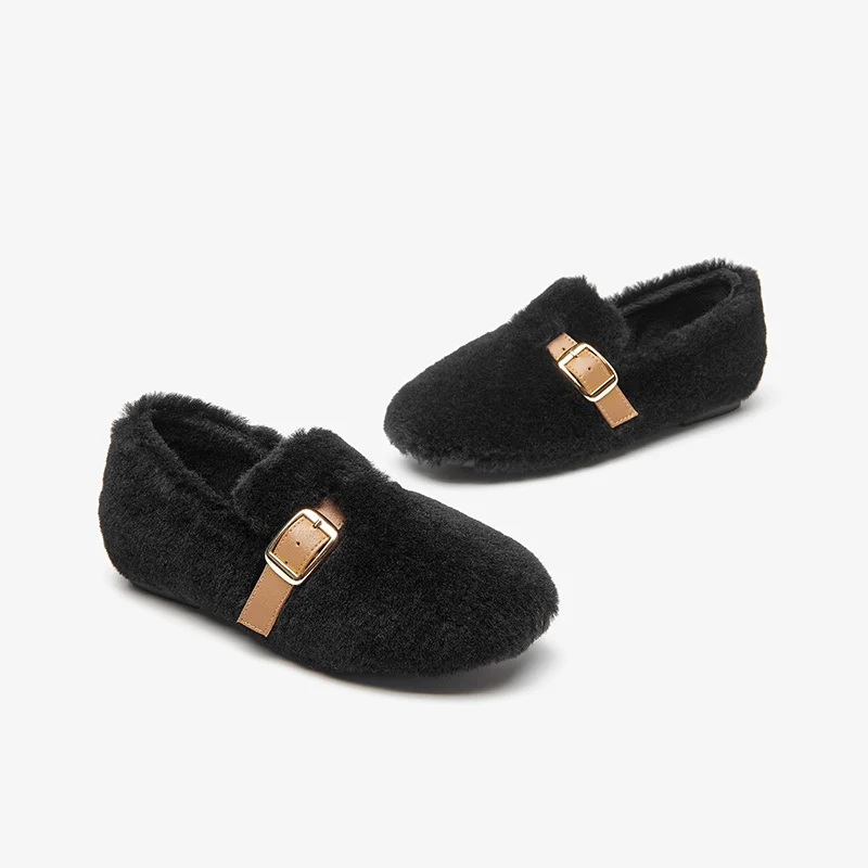 BeauToday Winter Fur Shoes Women Loafers Knitting Wool Metal Buckle Decoration Round Toe Slip-On Ladies Flats Handmade 27842