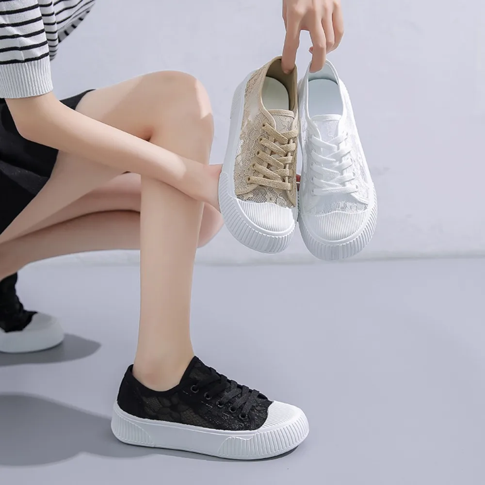 Women Shoes Fashion Summer Casual Shoes White Sneakers Cutouts Lace Canvas Hollow Breathable Platform Sneakers Tenis Feminino