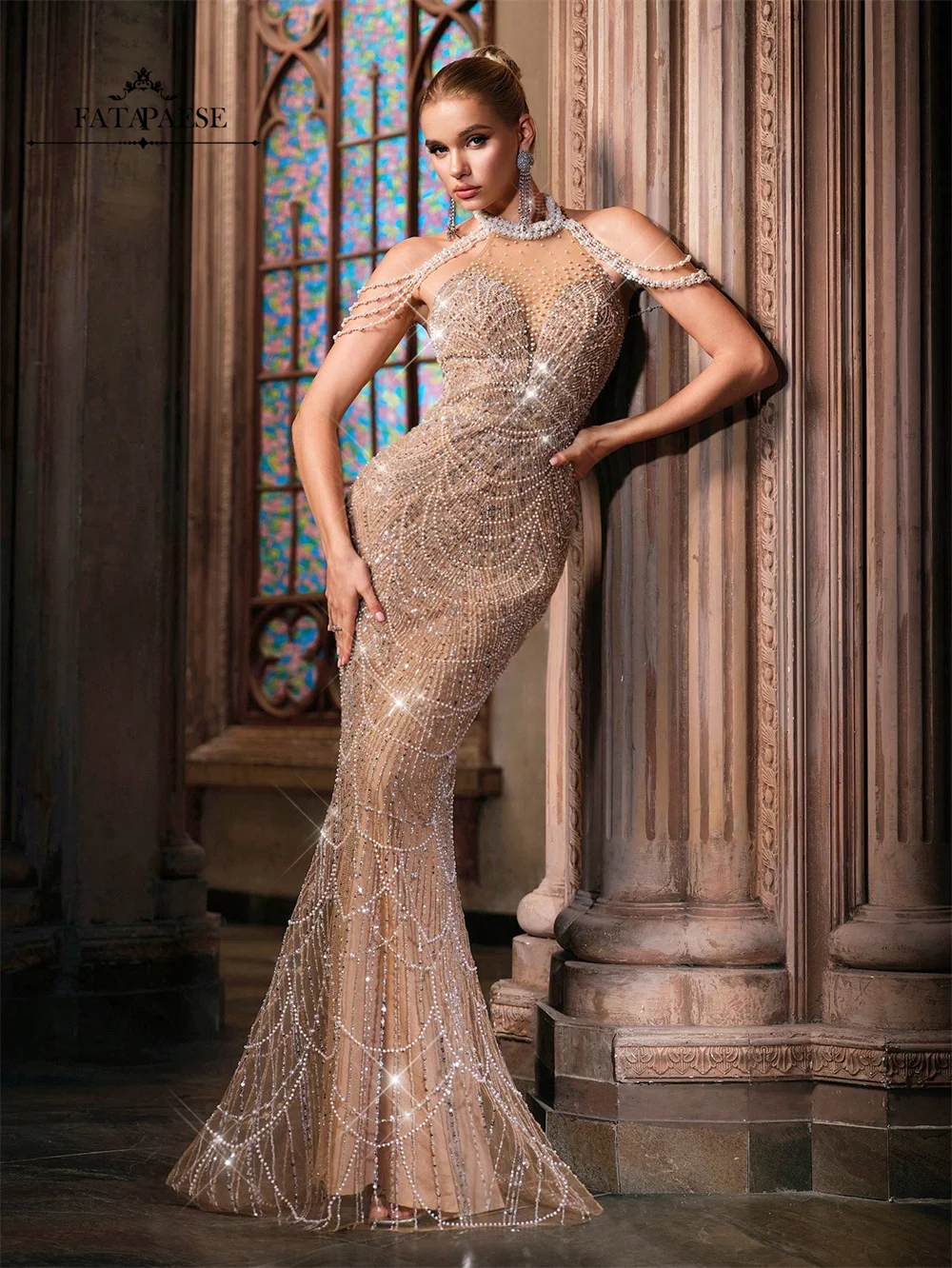 FATAPAESE Haute Couture Luxury Evening Dresses Pearls Chain Evening Gowns Chic Hatler Mermaid Prom Dresses Wedding Guest Dress