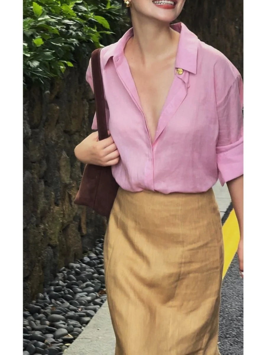 

Faionable mat Pink irt And Long Skirt Set Women's Sli Two-Piece Suit Summer 2025 Commute Korean Sle Polyeste...