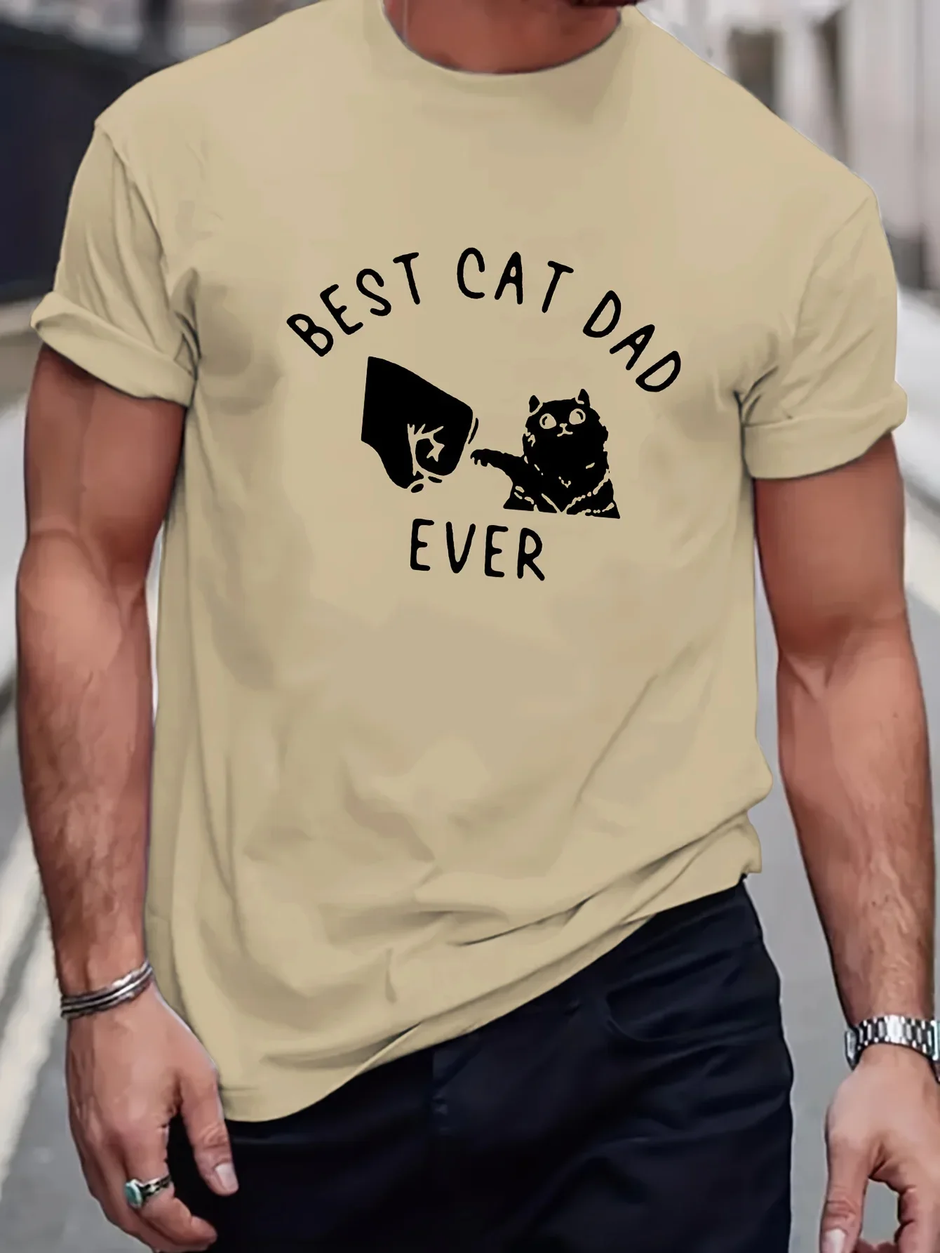 Pop Best Cat Dad Ever Print Women's Trendy Short Sleeve T-shirts, Comfy Casual Breathable Tops For Women's Fitness Training