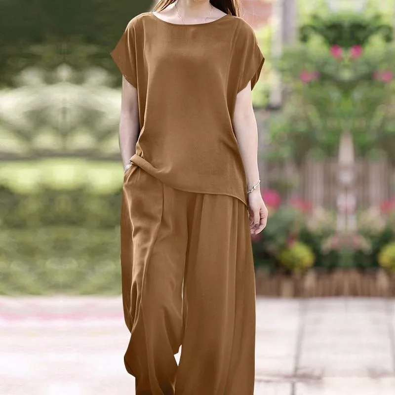 

new in matching sets 2025 summer pant sets conjuntos de pantalones loose short sleeve tops wide leg pants 2 pieces set for woman