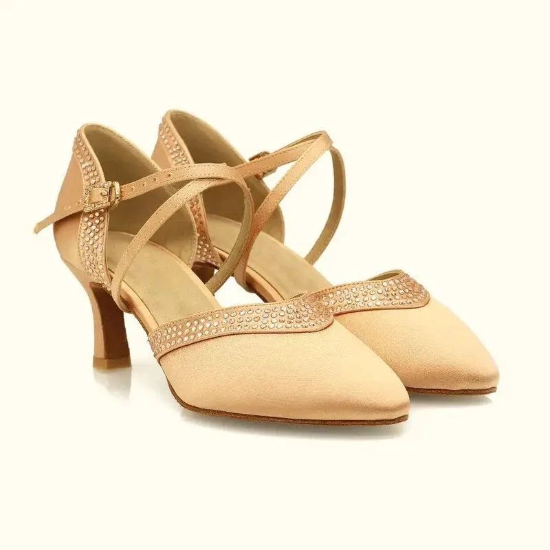 Evk Women's Satin Rhinestone Ballroom Dance Shoes Pointed Toe Latin Salsa Tango Modern Dancing Shoes Girls Dance Sandals Heeled