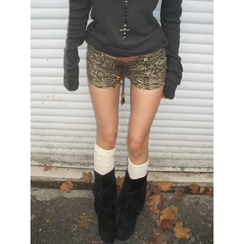 Vintage Leopard Printed Denim Shorts Women Sexy Y2k Low Waist Gyaru Streetwear Summer 2024 Grunge Female Short Jeans
