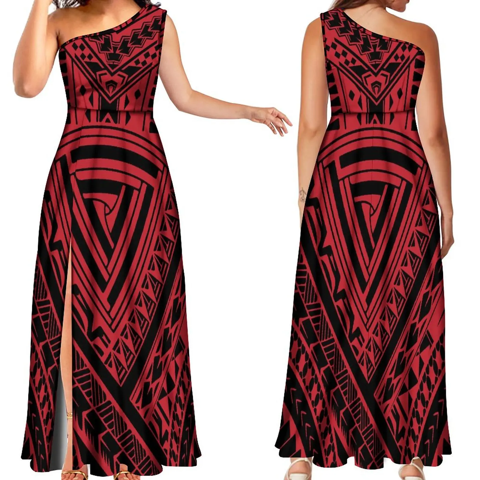 Sommer 2024, neues Damen-Maxikleid mit Schräghalsausschnitt, ärmellos, sexy Kleid, Samoa-Schlitz, Pacific Island, individueller Paar-Anzug, Herrenhemd