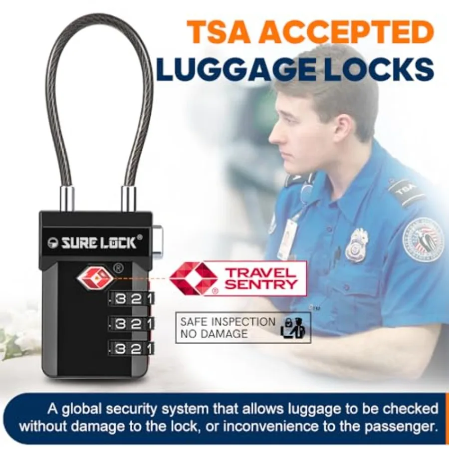 TSA Appd Lage Locks with Open Alert Indicator, 3 Digit Combination Cable Travel Lock for Suitcase, Backpack, Gym Locker, Toolbo