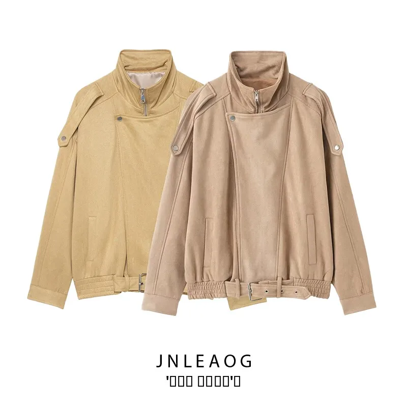 

JNLEAOG, осенняя новая модная женская замшевая куртка на молнии Jaet Design Sense, универсальная верхняя одежда, длинное пальто из полиэстера