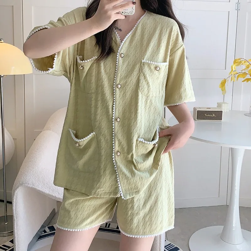 

Women's Pajamas Sleepwear Cotton V Neck Two Piece Sets Summer Kawaii Pyjamas Nightwear Homesuit Pijamas Print Shorts