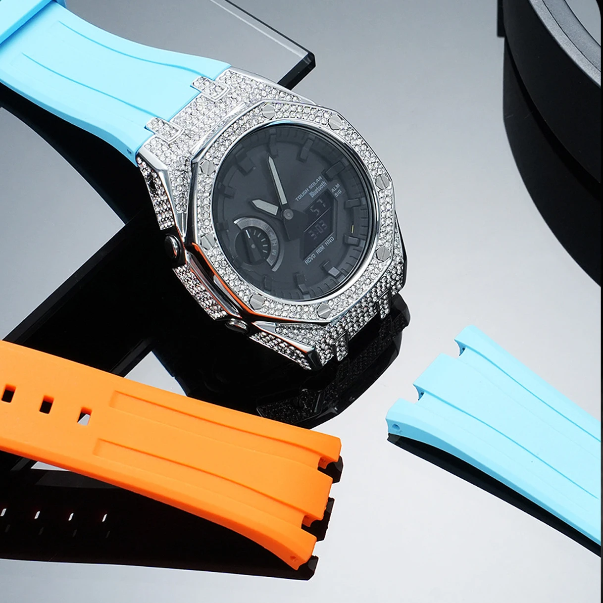 Stainless Steel Mod Kit Fluorine Rubber Strap For GA‑2100 GA‑2110 GA‑B2100 Watch Replacement Case Band Set