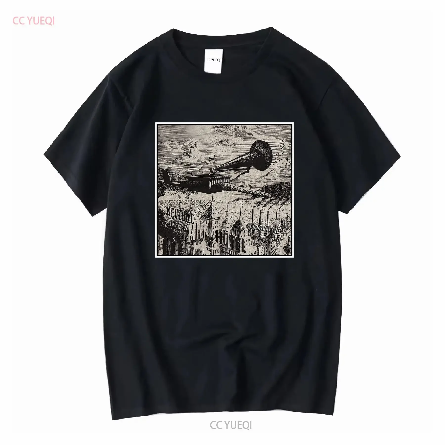 Neutral Milk Hotel Aeroplane T Shirt military green color TE4206 vintage Washed streetwear Slightly Casual designer clothes