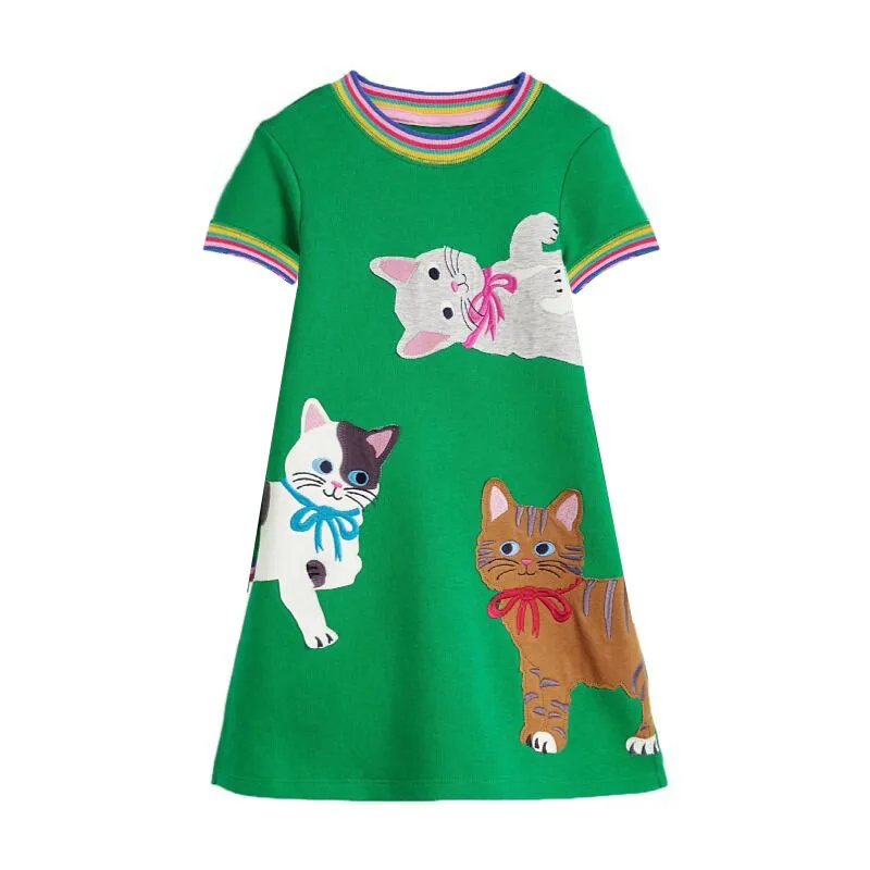 Jumping Meters 2-12T  Princess Girls Dresses Cats Embroidery Summer Short Sleeve Baby Clothes Birthday Kids  Costume