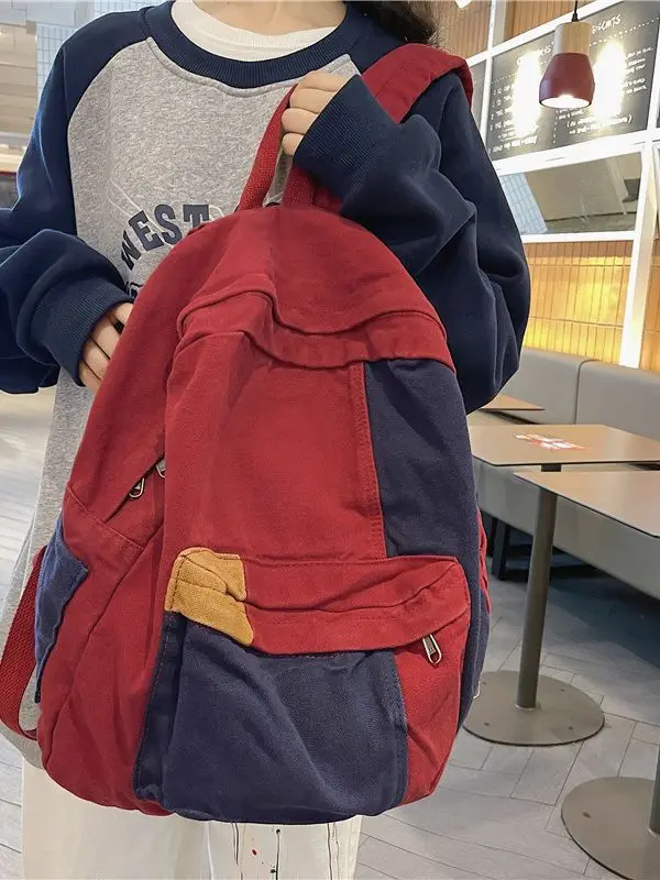 Contrast Color Block Canvas Backpack Large Capacity Casual School Travel Rucksack for Student Daily Use