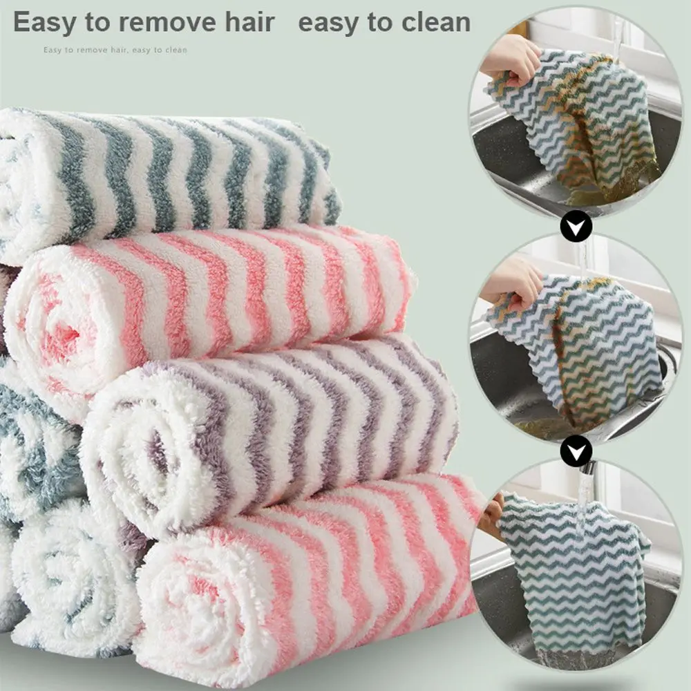 Non-stick Thickened Gadgets Coral Velvet Tableware Striped Flower Cleaning Cloth Dish Towel Wash Cloth Wiping Rag