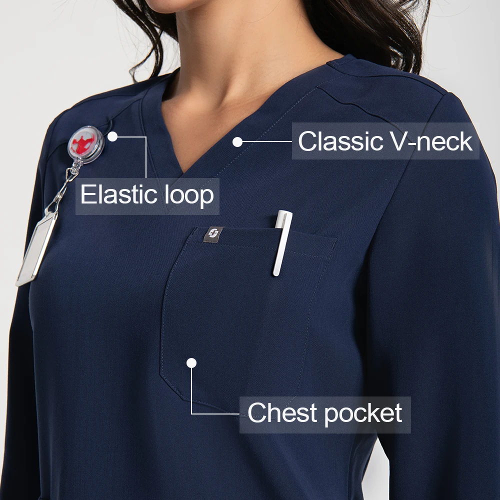 Kungfu scrubs feminino de manga comprida médico não formal com impermeável antibacteriano respirável esfrega vestido cirúrgico enfermeira workwear