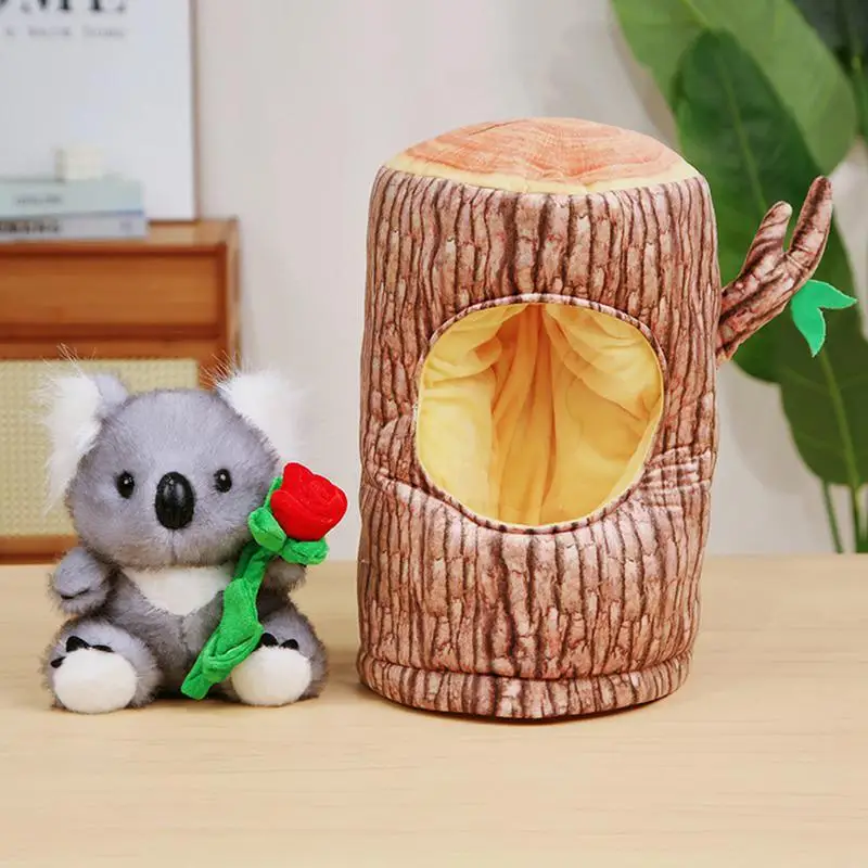 Koala Plush Toy Sleeping Companion With Rose And Tree Stump 11 Inch Koala Toy For Boys And Girls Cute Plushies Decoration