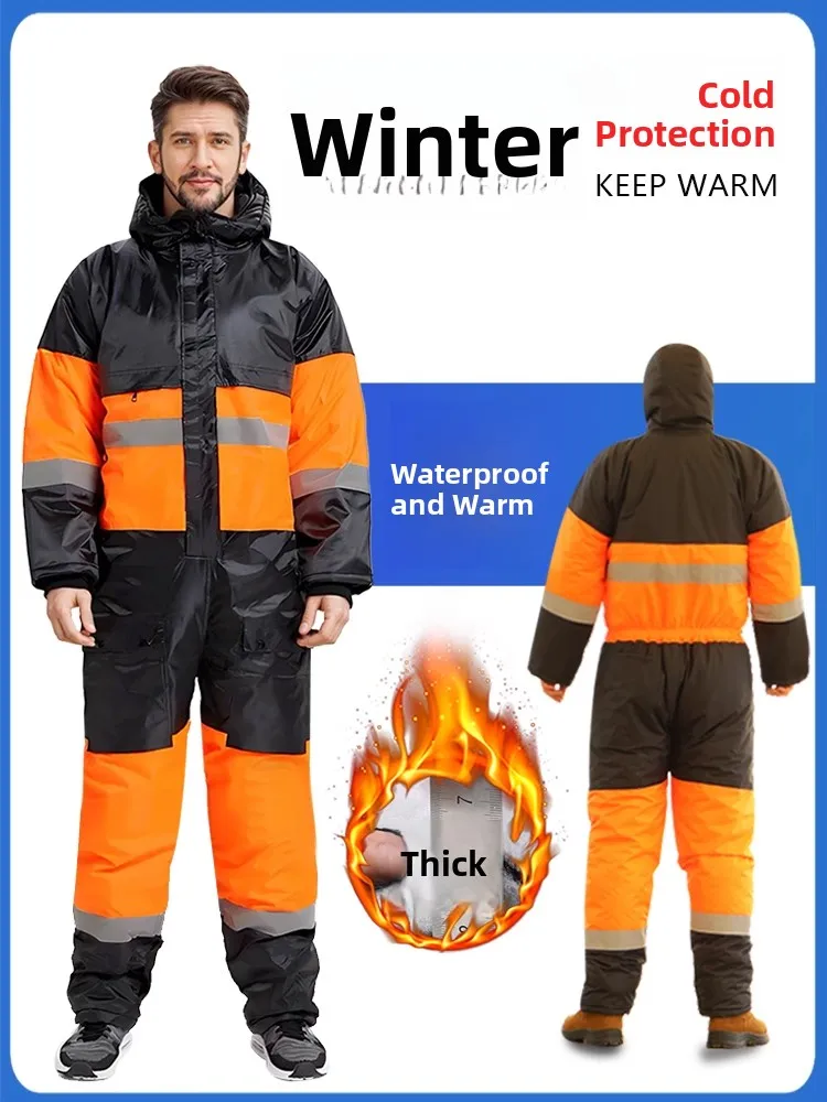 

Thiened Cotton Workwear Winter orm for Men And Women with Hat Cold Resistance Warmth Labor Protection Suit Set for Cons...