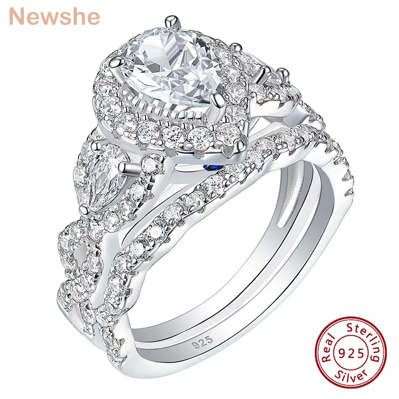 Newshe 2 Pieces Engagement Ring Set for Women 925 Sterling Silver Brilliant Pear Oval Cut AAAAA Cz Bridal Wedding Jewelry