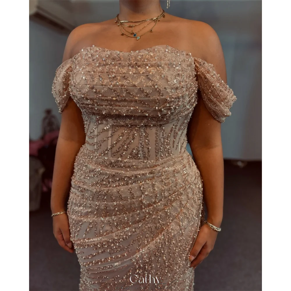 

Cathy Customized Champagne Off Shoulder Beads Prom Dress Draped Mermaid vestidos de noiva Sexy Sheath Evening Dresses 2025