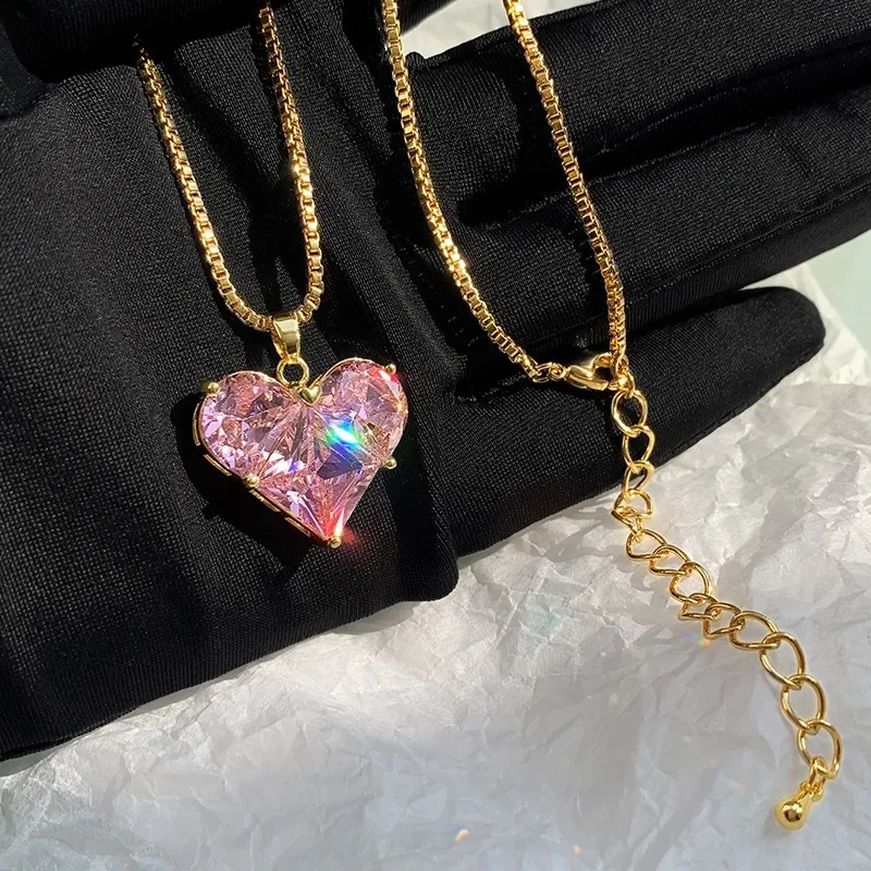 Y2k Crystal Pink Zircon Heart Pendant Necklace For Women Girl Elegant and Sweet Punk Party Jewelry