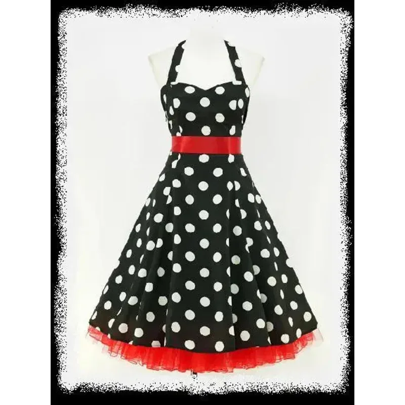 

New Women Vintage Rockabilly Dress Swing Halter Neck Retro Polka Dot Fancy Dress from S to 6XL CBG67DK