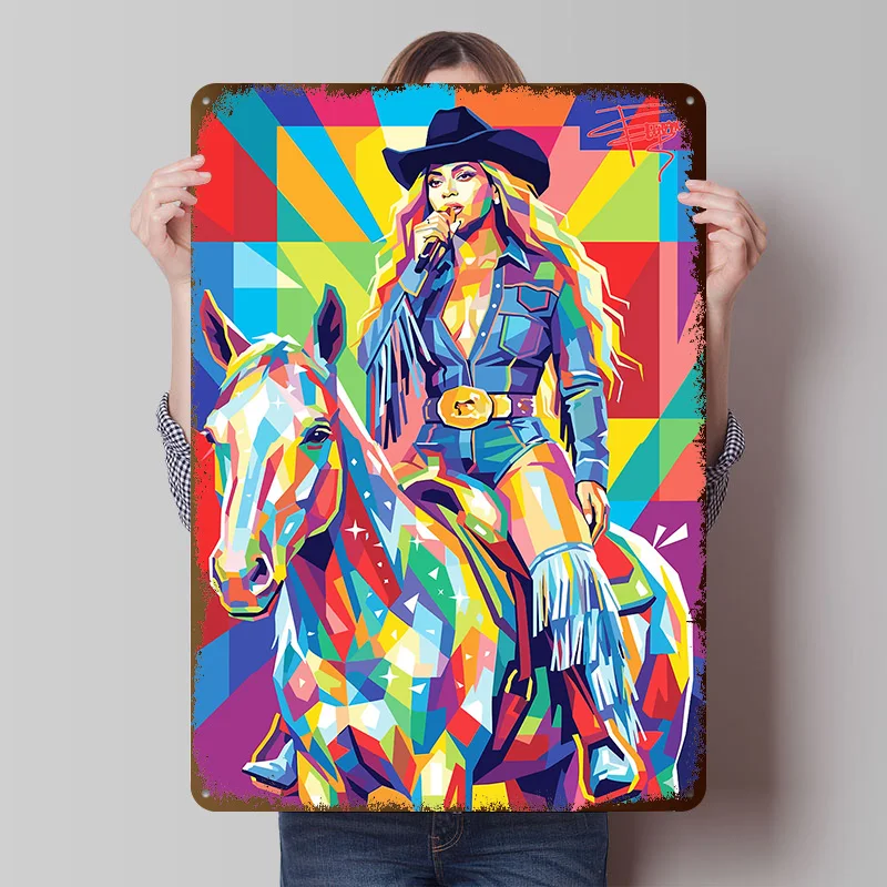 Beyonce on Horse Pop Art Printed Poster Customized Wall Art Retro Vintage Metal Tin Signs for Modern Home Decoration Luxury Room