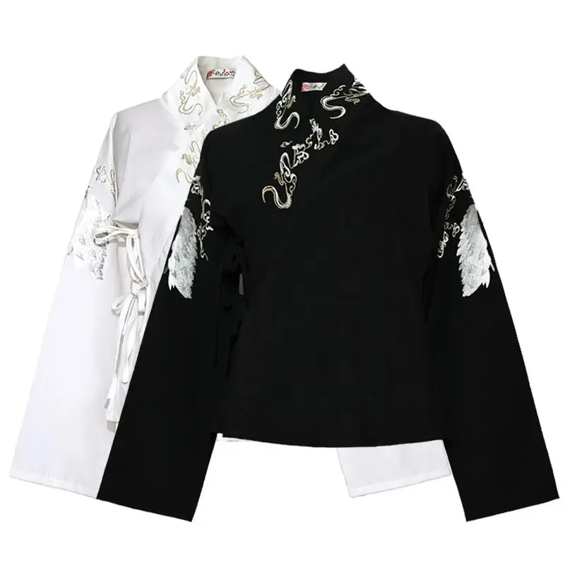 

Большие традиционные китайские топы Hanfu, большие размеры, повседневная женская рубашка с крестообразным воротником и вышивкой, весна-лето