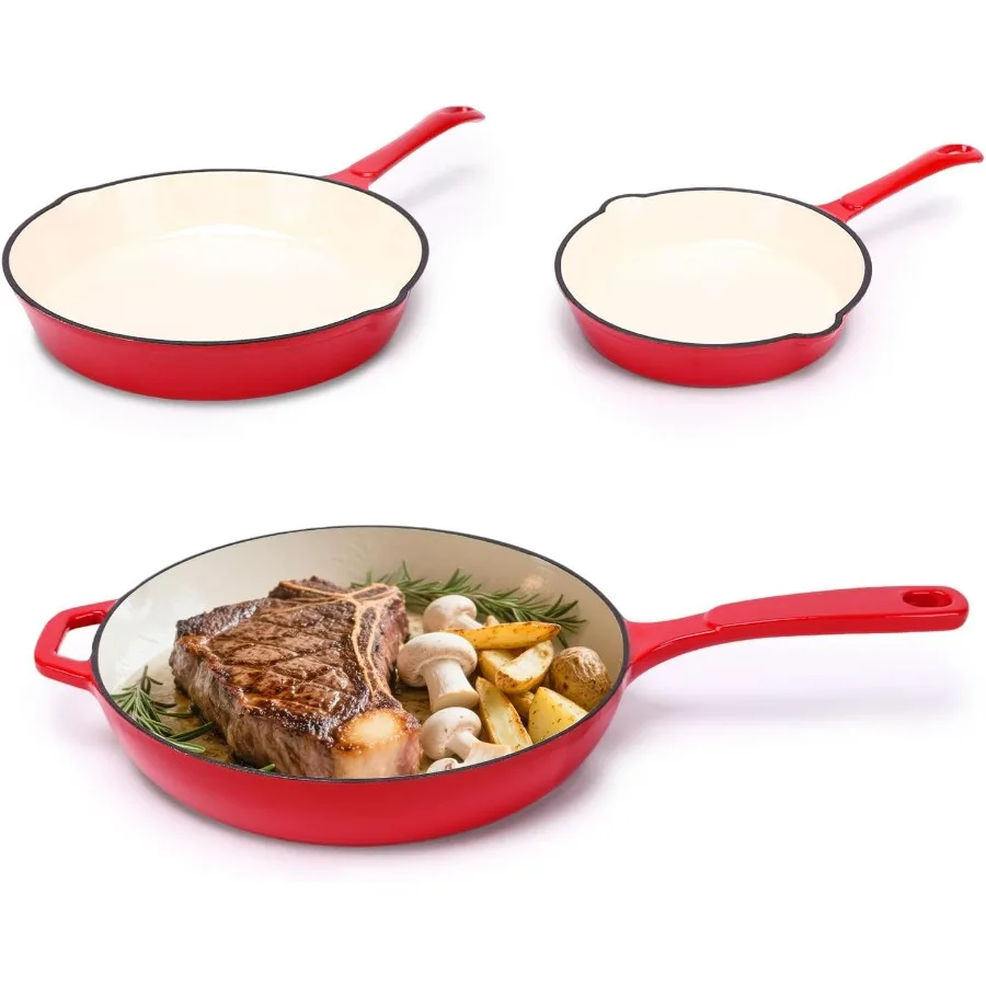 

Enameled Cast Iron Frying Pan Set, 3 Piece Set of 8''/9.5''/11'' Skillets, PFAS & PTFE & PFOA Free, Gas/Induction/Electric/Oven
