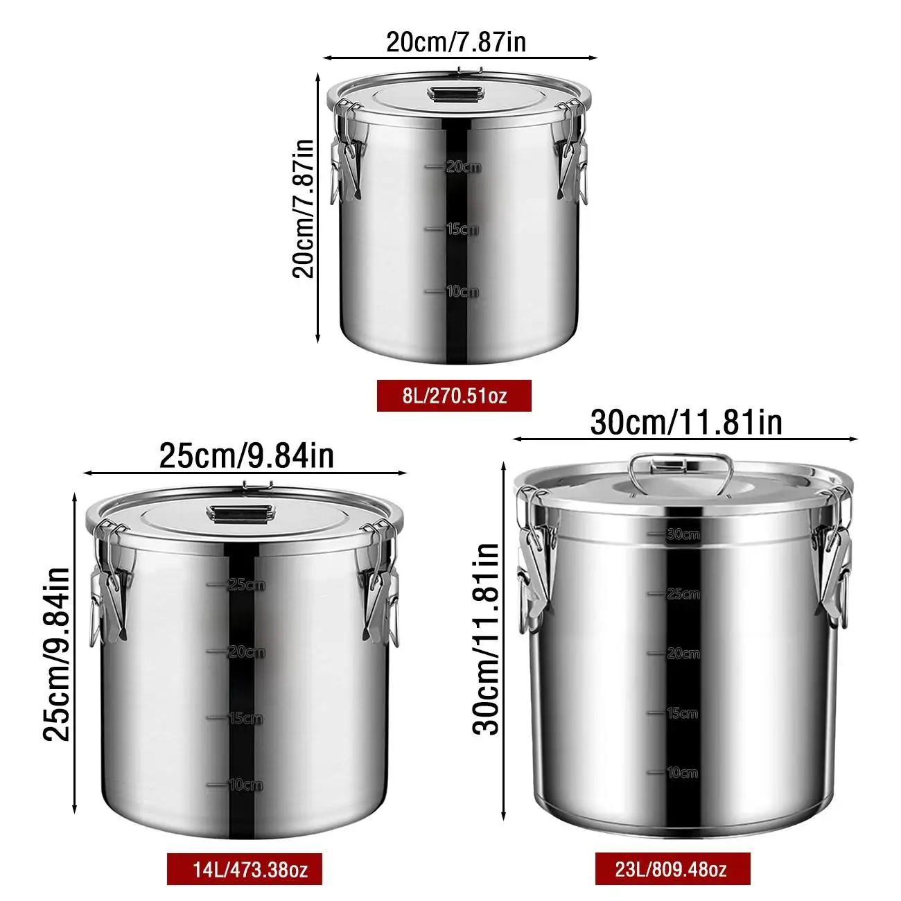 Stainless Steel Sealed Bucket, Multi-Functional Container, 8/14/23L, Leak-Proof, Airtight, Ideal for Food Storage & Cooking